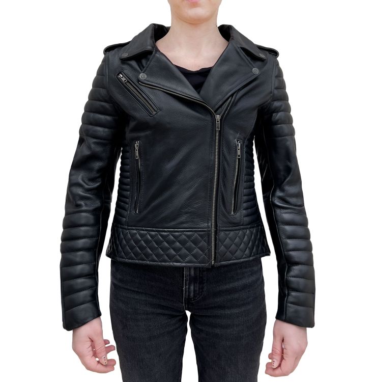 Brookyln Biker Black Armoured Motorcycle Leather Jacket Woman - 2