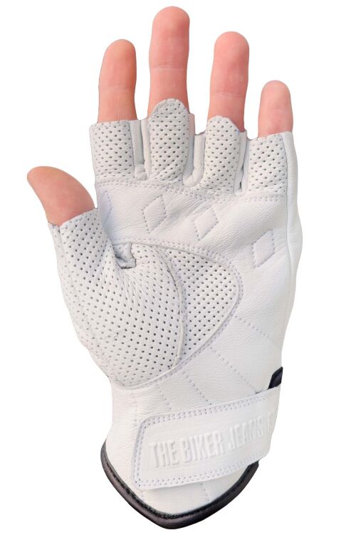 Fingerless FLX Leather White Armoured Motorcycle Leather Gloves - 3